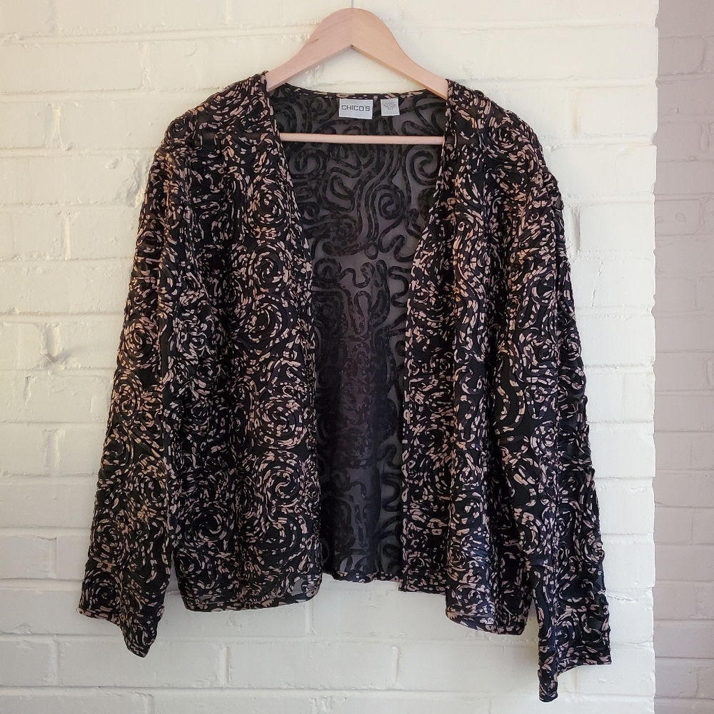 Chico's Black And Brown Print Silk Open Front